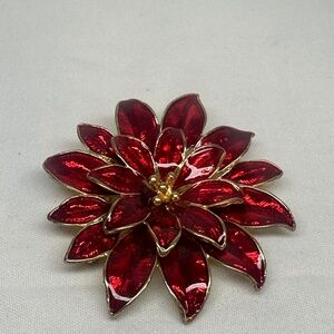 Red Enamel Flower Brooch Pin Gold Tone Layered Petals Poinsettia Style Holiday